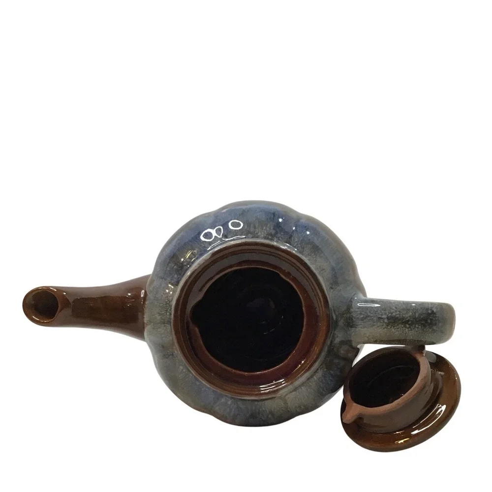 Vintage Ceramic Teapot‎ Brown Blue Glaze Rustic Country Kitchenware
